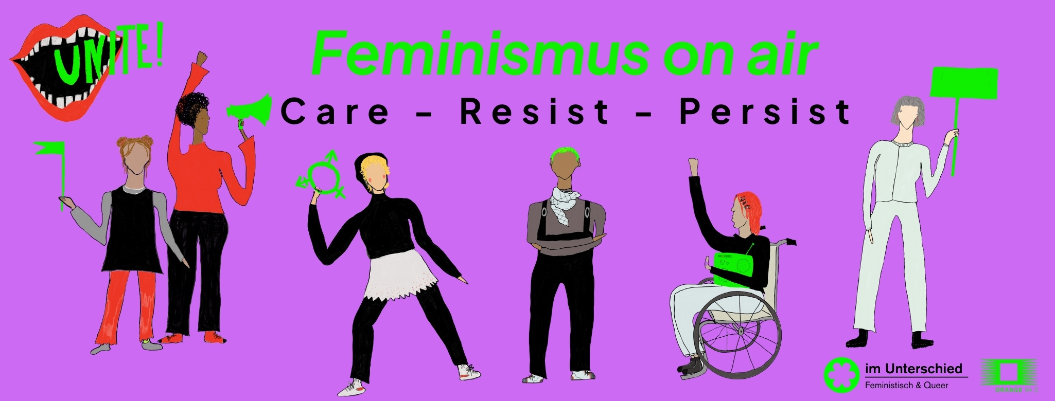 Feminismus on air: Care - Resist - Persist mit Grafik von demonstrierenden Personen