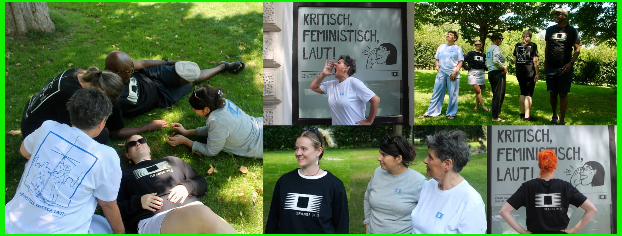 Collage an Fotos mit ORANGE 94.0 Merch T-Shirts und Pullover in Sommerstimmung