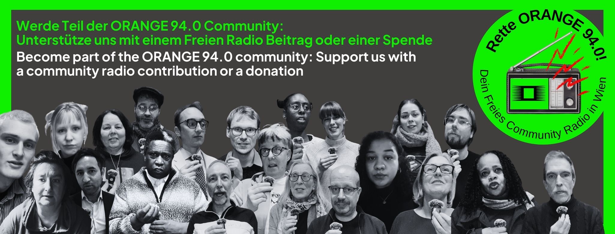 Text"UNTERSTÜTZE ORANGE  94.0  JETZT MIT   DEINEM FREIEN RADIO BEITRAG" und einem runden neon grünen Kreis Icon, mit Radio aus dem rote Strahlen kommen, auf dem steht rette ORANGE 94.0