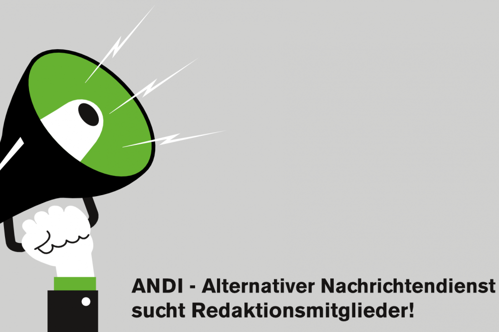 Megaphon mit Text: ANDI - Alternativer Nachrichtendienst sucht Redaktionsmitglieder!
