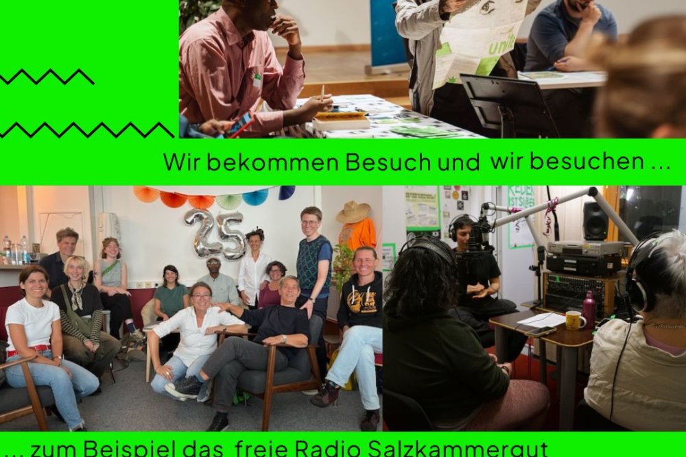 Foto von Inou und einer Person, die das Programmheft liest und Gruppenfoto des ORANGE 94.0 Teams auf der Couch beim Radio Salzkammergut